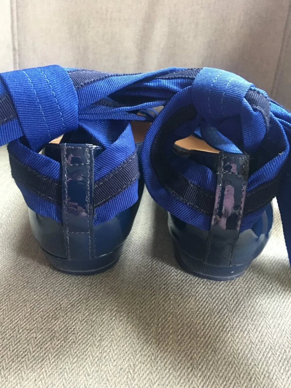 Tory Burch Navy Patent Leather Ballet Flats with Ribbon Trim